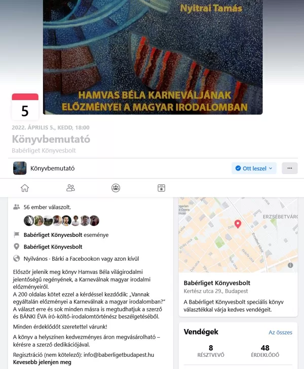 Könyvbemutató eseménye a facebookon